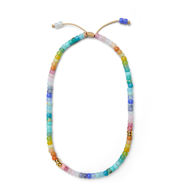Pastel Rainbow Gemstone and 14k Yellow Gold Necklace
