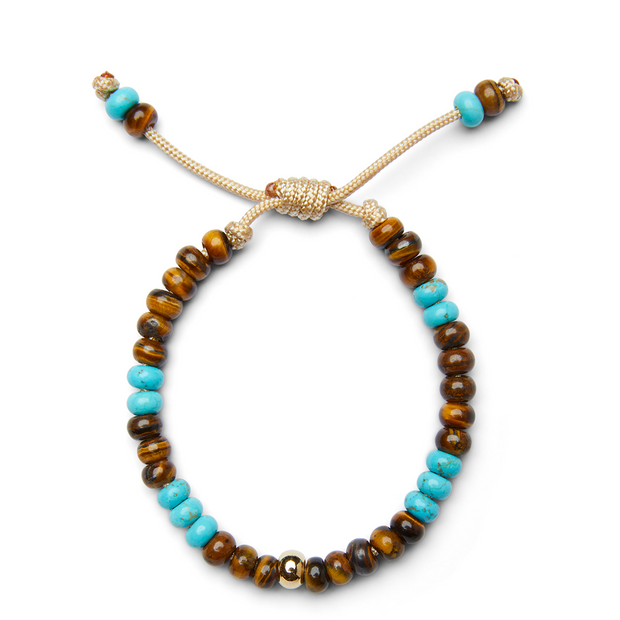 Tiger's Eye and Turquoise Candy Gemstone and 14k Yellow Gold Bracelet