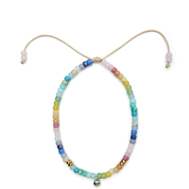 Pastel Rainbow Gemstone and 14k Yellow Gold Evil Eye Choker