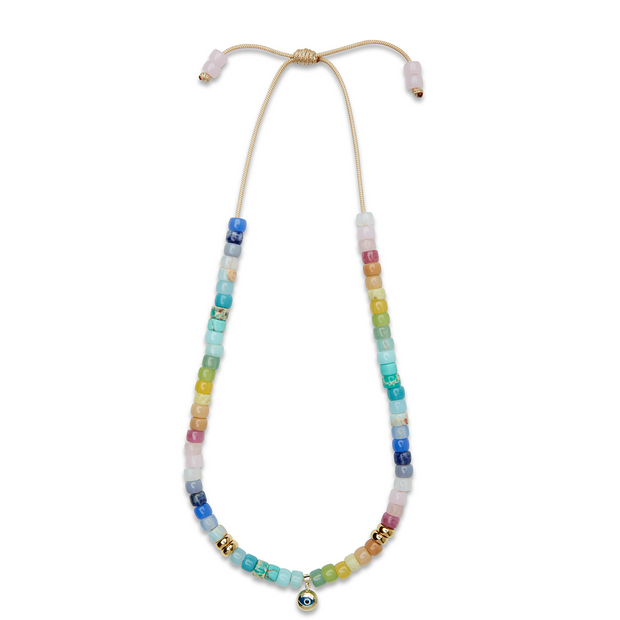 Pastel Rainbow Gemstone and 14k Yellow Gold Evil Eye Choker