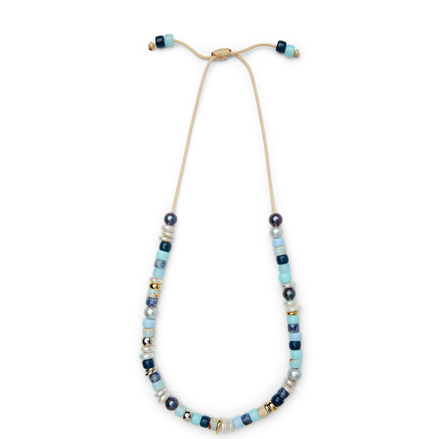 Lake Blue Gemstone, Freshwater Pearl, 14k Yellow Gold and Sterling Silver Choker