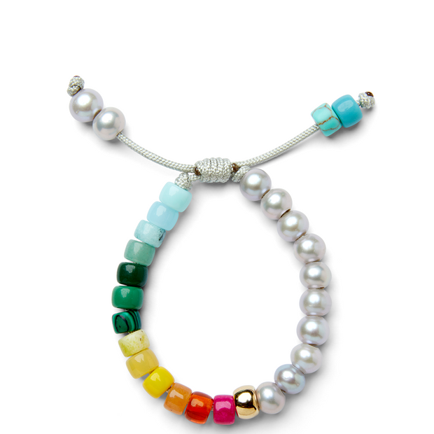 Gray Freshwater Pearl, Rainbow Gemstone and 14k Yellow Gold Bracelet