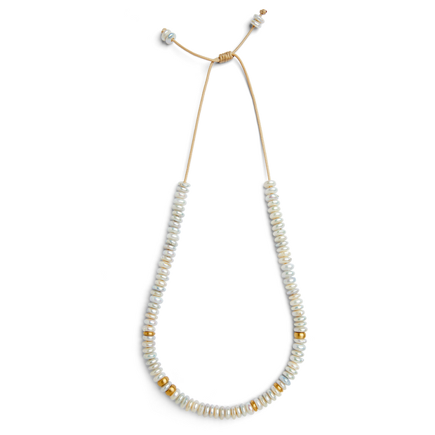 White Disc Freshwater Pearl and 14k Yellow Gold Necklace