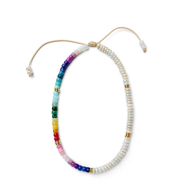 White Disc Freshwater Pearl, Bold Rainbow Gemstone and 14k Yellow Gold Necklace