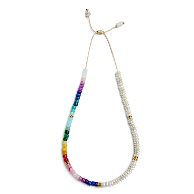 White Disc Freshwater Pearl, Bold Rainbow Gemstone and 14k Yellow Gold Necklace