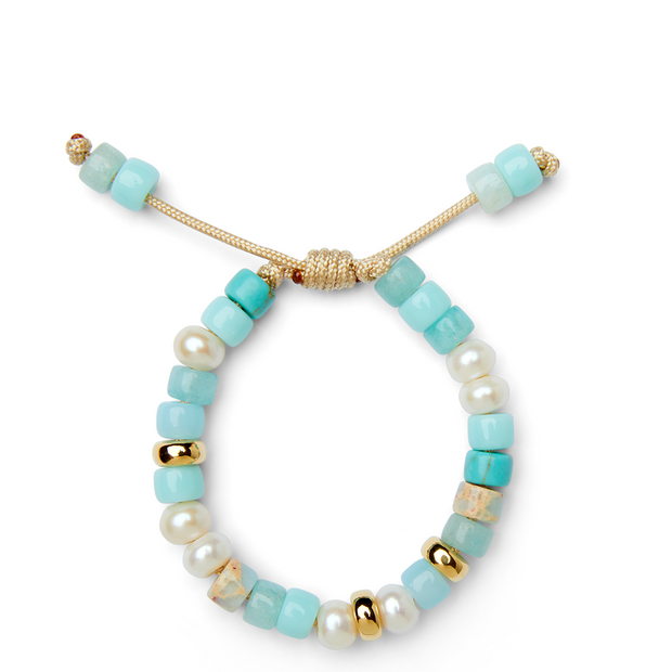Beachside Gemstone, White Button Pearl and 14k Yellow Gold Bracelet