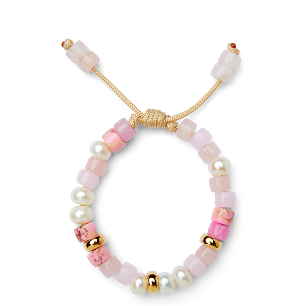 Rosy Gemstone, White Button Freshwater Pearl and 14k Yellow Gold Bracelet
