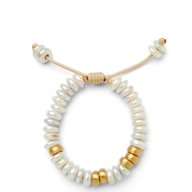 Oceanfront White Disc Freshwater Pearl and 14k Yellow Gold Bracelet