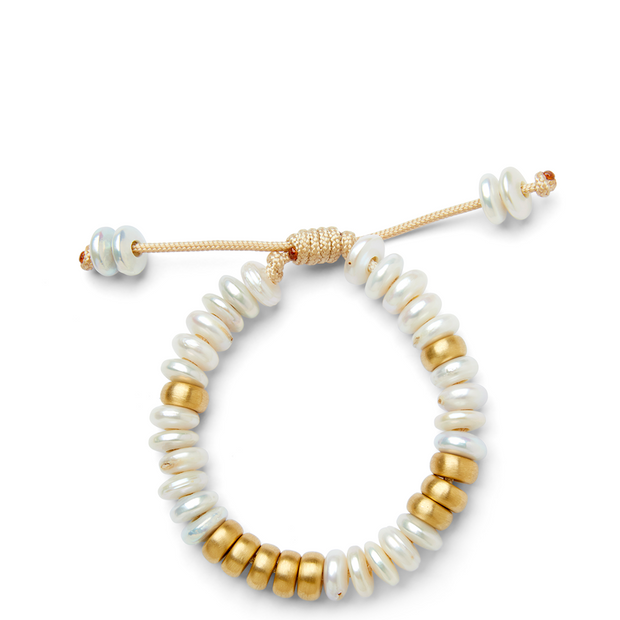 Waterfront White Disc Freshwater Pearl and 14k Yellow Gold Bracelet