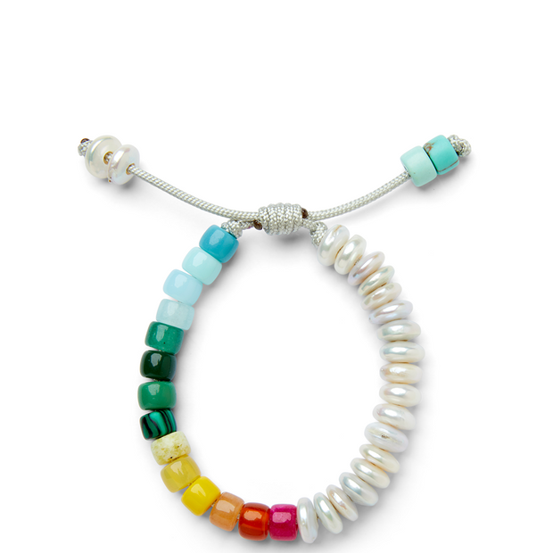 White Disc Freshwater Pearl and Rainbow Gemstone Bracelet